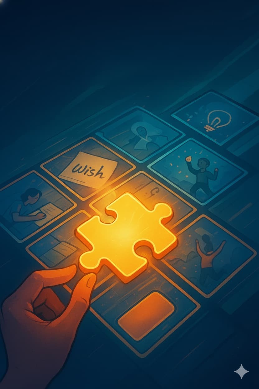 Illustration of a hand holding golden puzzle piece over comic book page